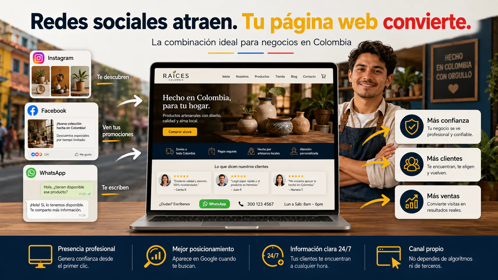 Redes sociales atraen atención y una página web convierte esa atención en clientes